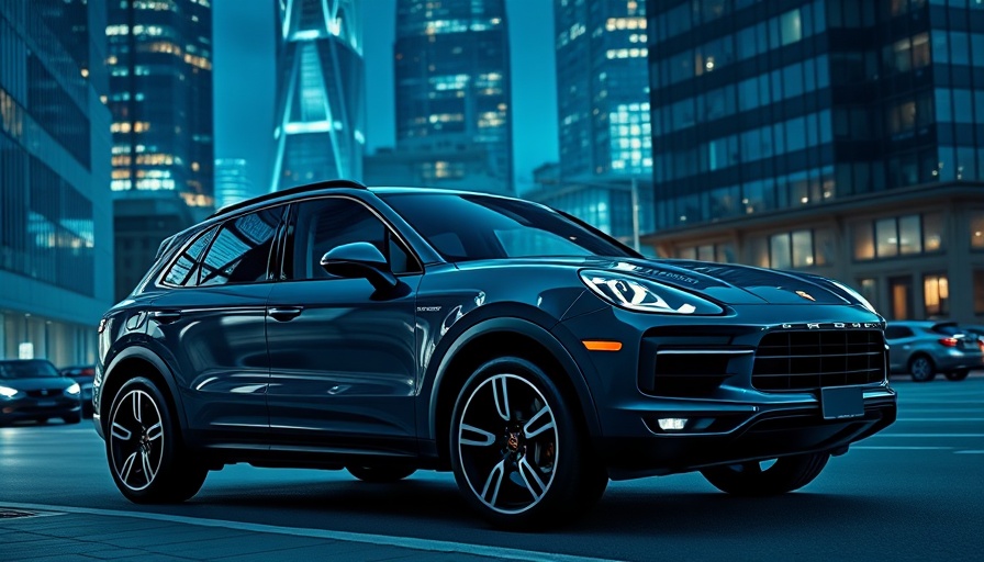Sleek Porsche Cayenne EV in an urban cityscape at night.