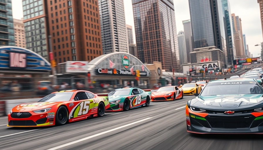NASCAR Chicago street race pause with cars halted in cityscape.