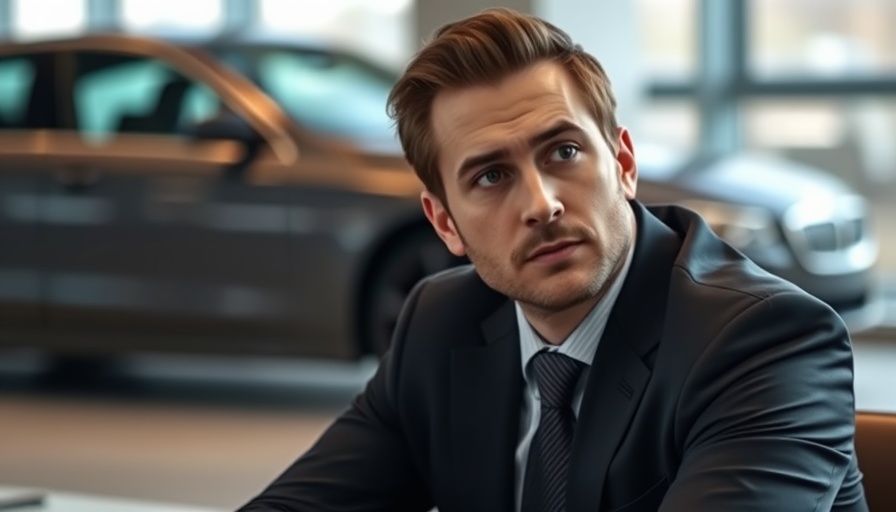 Business professional in office setting, blurred car background.