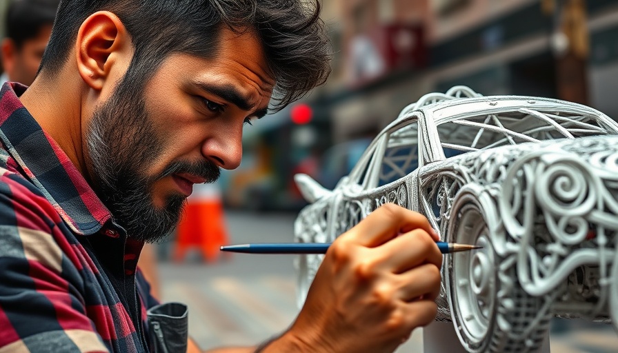 Artist transforms used car parts into vibrant moving sculpture.