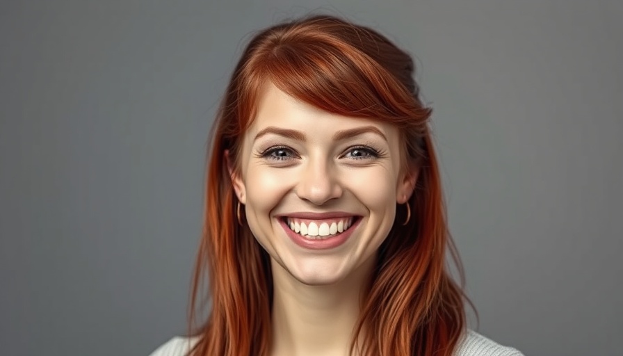 Smiling woman with red hair, neutral background.