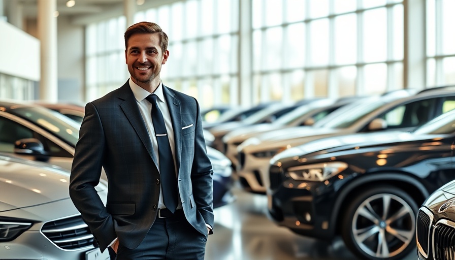 Confident businessman in car showroom, Perrys Motor Sales growth.