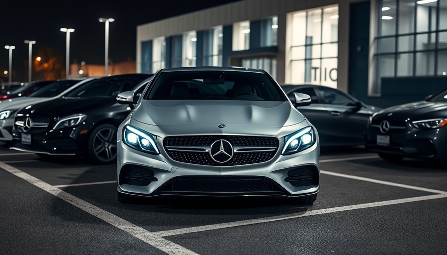 Mercedes-Benz features showcased in sleek car lineup with glowing headlights.