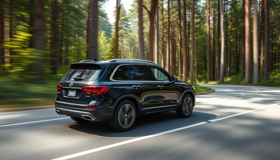 Sleek black SUV speeds through a scenic forest road.