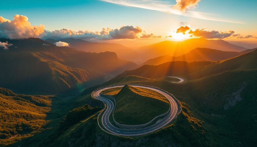 Aerial view of a scenic road in California at sunrise.