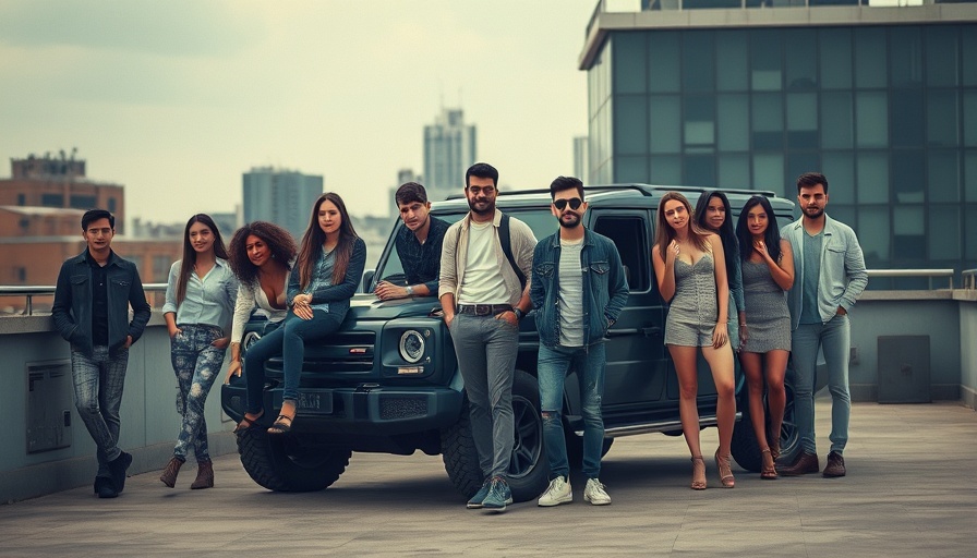 Diverse group posing with an SUV on rooftop, emphasizing automotive co-branding.