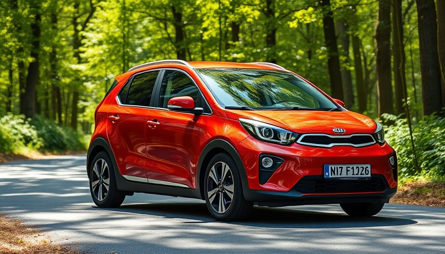 2025 Kia EV3 parked on a leafy road, modern design, green surroundings.