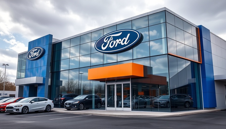 Modern Ford dealership depicting TrustFord profits and vehicle sales growth.