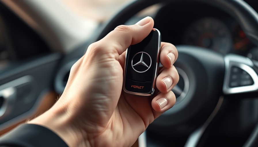 Mercedes key fob close-up against steering wheel, highlighting luxury.