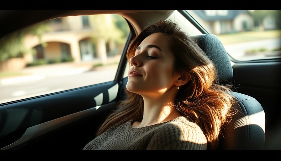 Serene woman napping in a car with dappled sunlight.