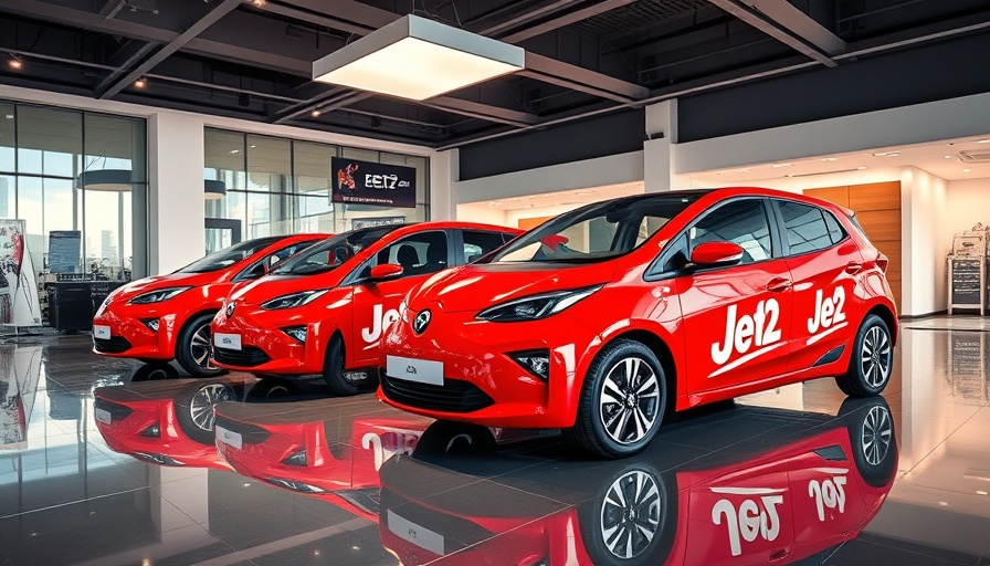 Red Jet2-branded electric vehicles in a showroom, electric vehicles at Jet2.