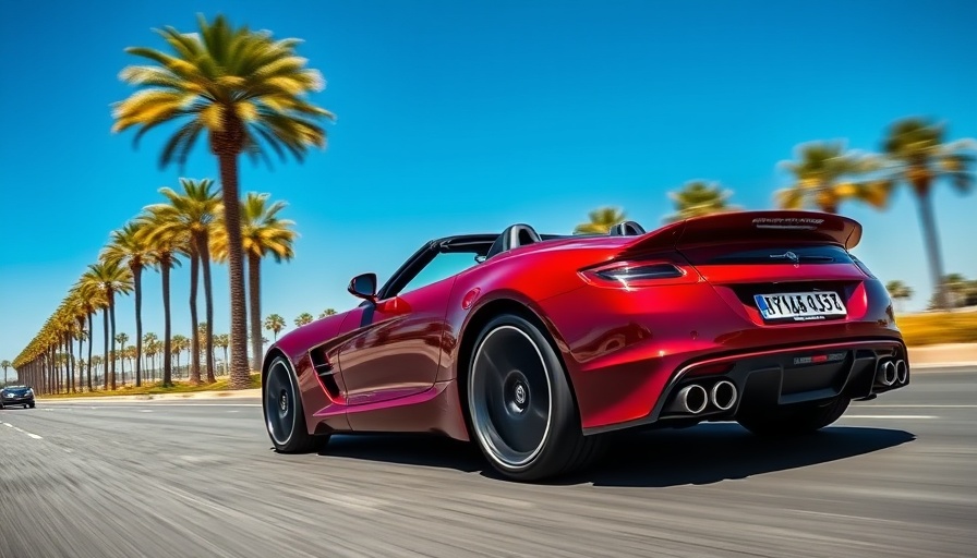 Deep red Brabus Rocket GTC speeding on palm-lined road.