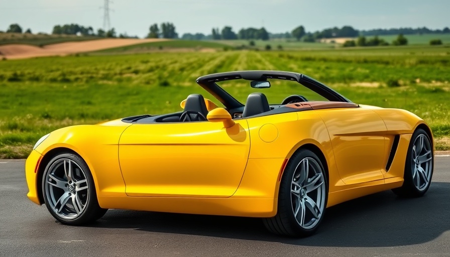 Yellow convertible with sleek wheels in scenic outdoor setting.
