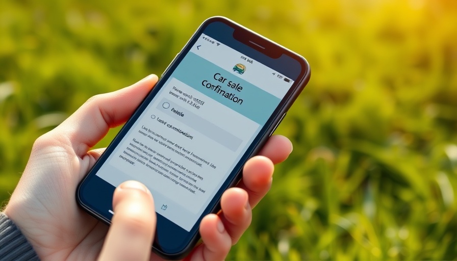 Smartphone screen showing successful car sale confirmation, grassy background.