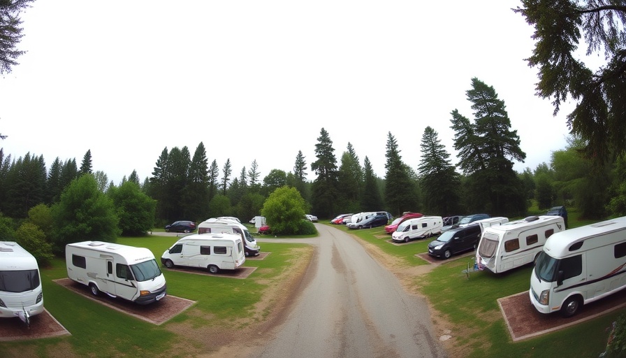 Scenic RV campground with caravans and lush greenery.