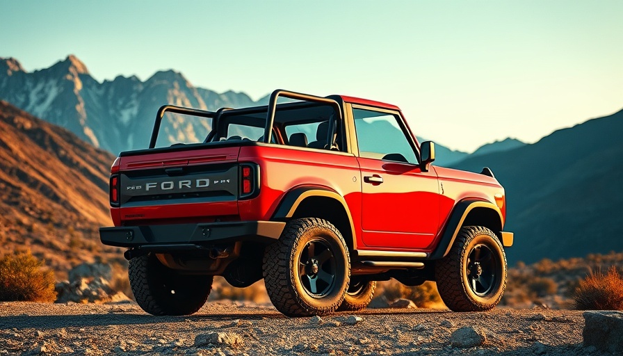 Red Ford Bronco Roadster concept in a rugged landscape at sunset.