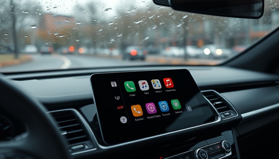 Modern car with aftermarket Apple CarPlay screen showcasing benefits.