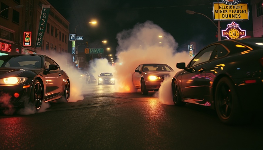 Oakland illegal sideshow with cars skidding in urban night scene.