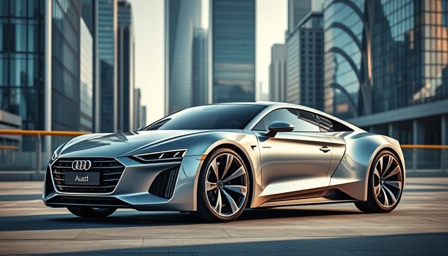 Futuristic Audi car in urban cityscape, 2026 Audi models free scheduled maintenance.