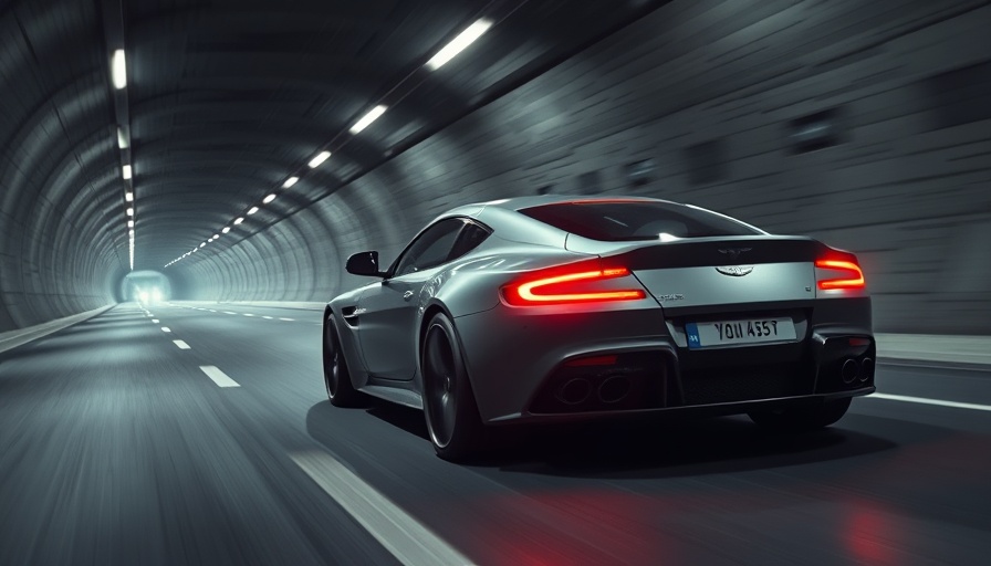 Aston Martin Vantage S speeding through dim tunnel with dynamic lights.
