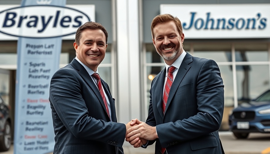 Executives celebrating Brayleys Cars acquisition outside dealership.