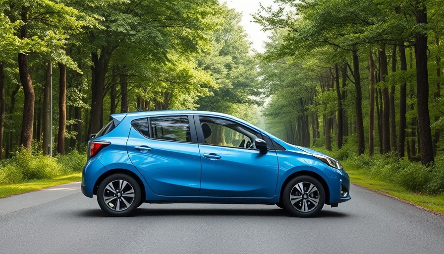 Sleek blue Nissan Micra EV parked in a lush forest setting.