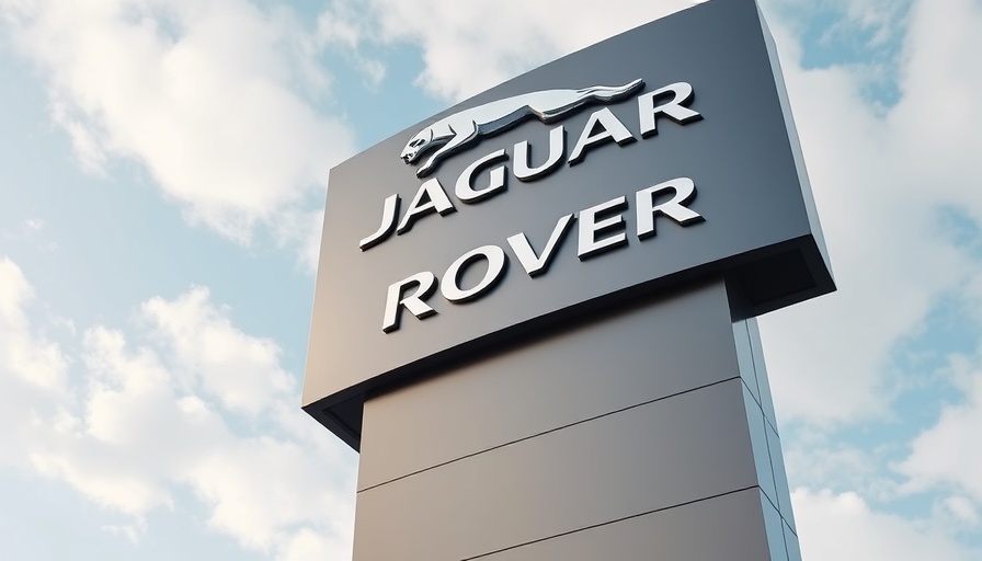 Jaguar Land Rover sign against cloudy sky.