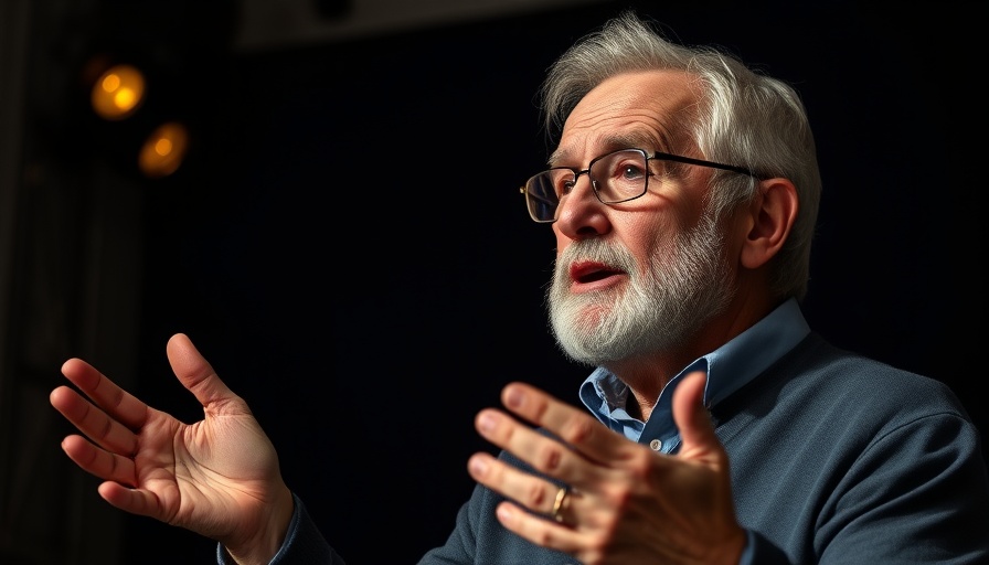 Man mid-speech with thoughtful expression against dark background