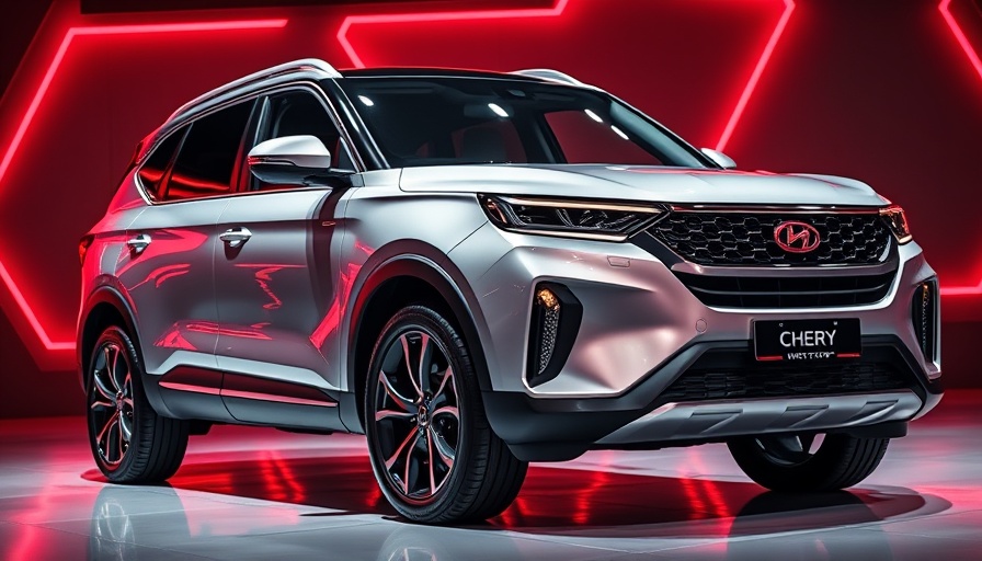 Sleek Chery Tiggo 9 SUV in futuristic showroom lighting.
