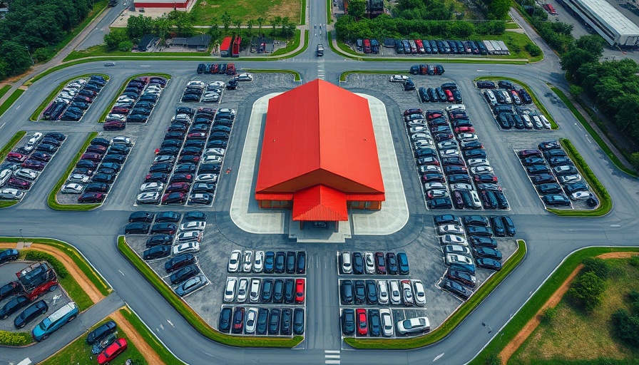 Aerial view of a vehicle processing center in Scotland with numerous cars and a large building.