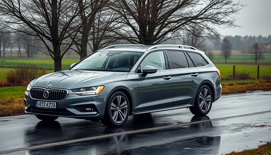 Sleek gray station wagon parked on a wet road, daylight scene