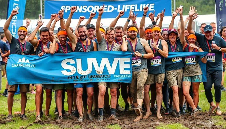 Group celebrating at Porsche Retail Tough Mudder challenge.