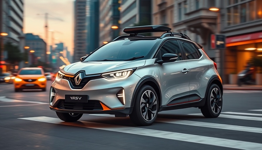 Futuristic Renault R5 EV with accessories in cityscape.