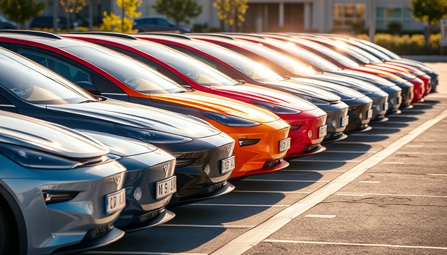 Row of electric vehicles in a parking lot, pre-registrations of EVs.