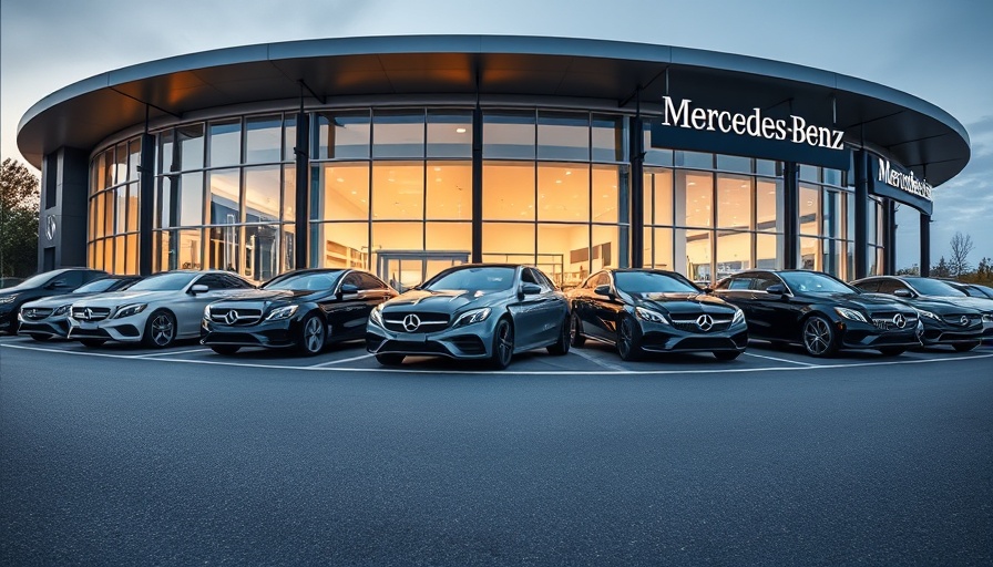 Modern Mercedes-Benz dealership exterior with glass facade.
