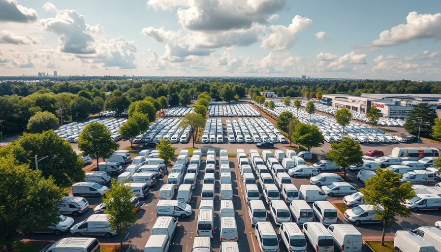 Vast van dealership with rows of white vans under a cloudy sky.