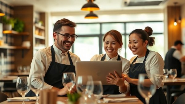 Restaurant staff collaborating on a laptop for LinkedIn post