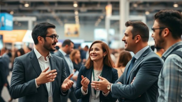 Professionals networking at a conference discussing AI marketing strategies for website growth.