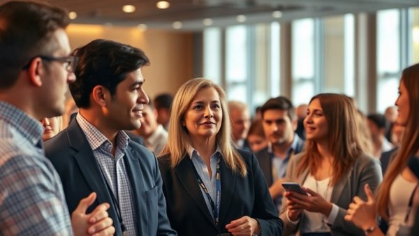 Professionals networking at a business conference on AI agents for business automation.