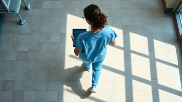 Nurse using tablet on sunlit floor, symbolizing modern healthcare solutions.