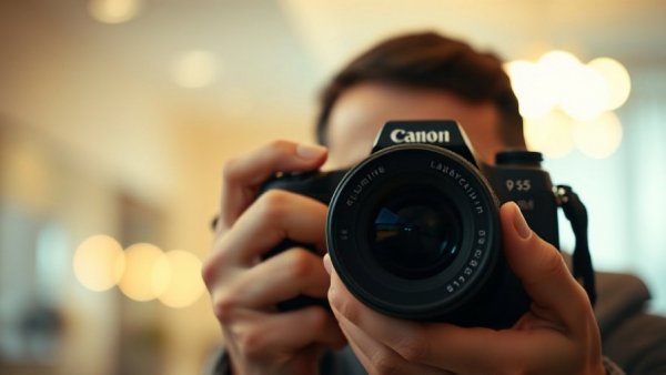 Close-up of a person holding a camera with blurred lights; Facebook cover photo size.