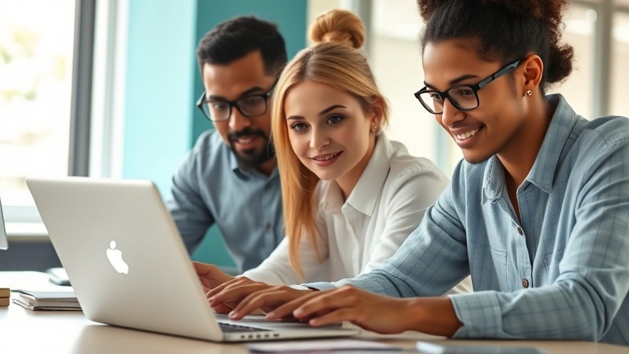 Diverse marketers analyzing AI website traffic strategies on a glowing laptop.