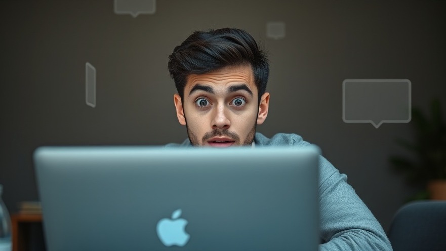 Surprised business owner discovering small business website design ideas at laptop.