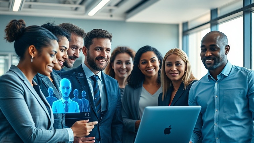 Diverse business professionals collaborating with AI agents in a modern office.