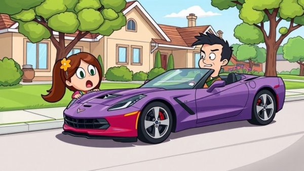 Cartoon humor with Corvette flipped in suburban driveway