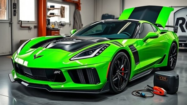 C8 Corvette ZR1 in garage with jump starter solution.