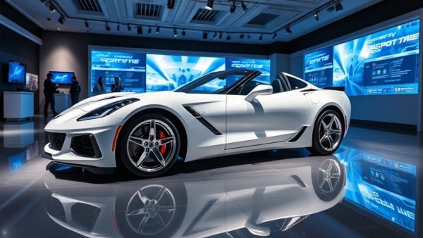 One Millionth Corvette displayed in a modern showroom with cool lighting.