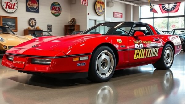 Vintage 1989 Corvette Challenge race car in showroom with retro decor.