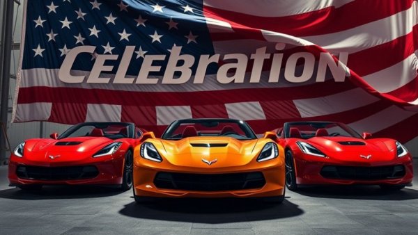 Corvette American Flag celebration with three Corvettes and patriotic theme.