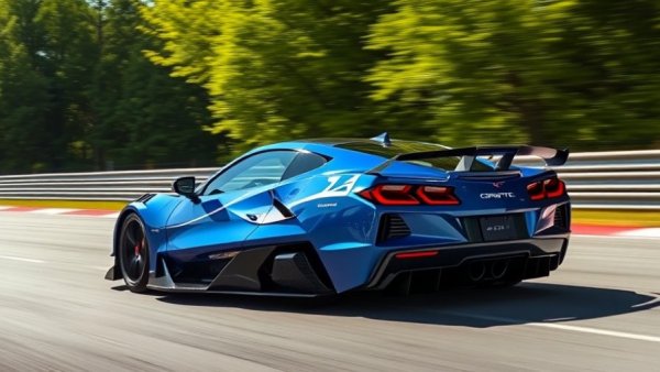 Sleek C8 Corvette ZR1X racing on track with green backdrop.